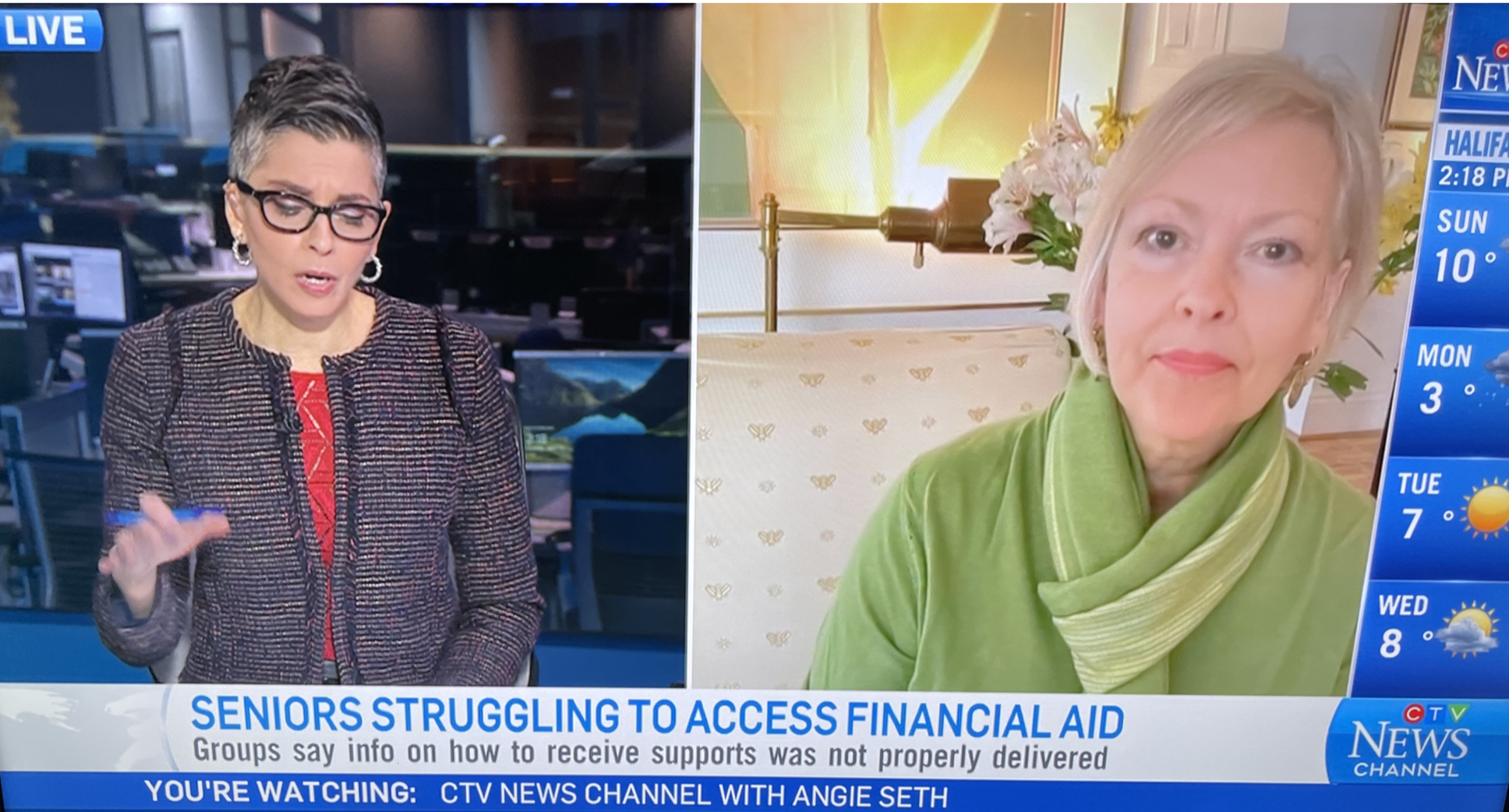 Preparing for the CTV National News segment with producer Elizabeth St. Philip and videographer Lucien Millette. It was this segment, reported by CTV's chief medical correspondent Avis Favaro, that introduced Canada to Kathleen's campaign for 9-8-8 technology for suicide prevention.